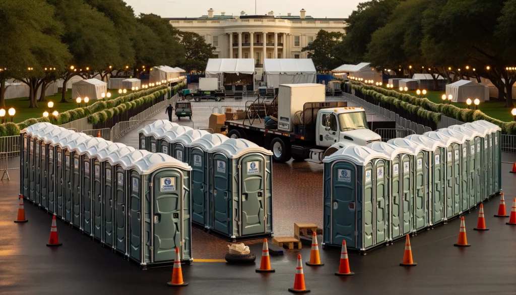 Festival porta potty bank with barricades in Franklin, Tennessee